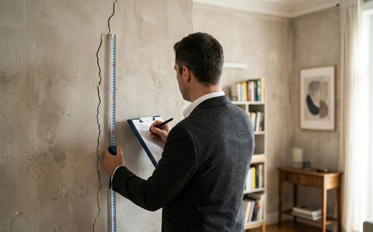 Expert prenant des notes face à une fissure