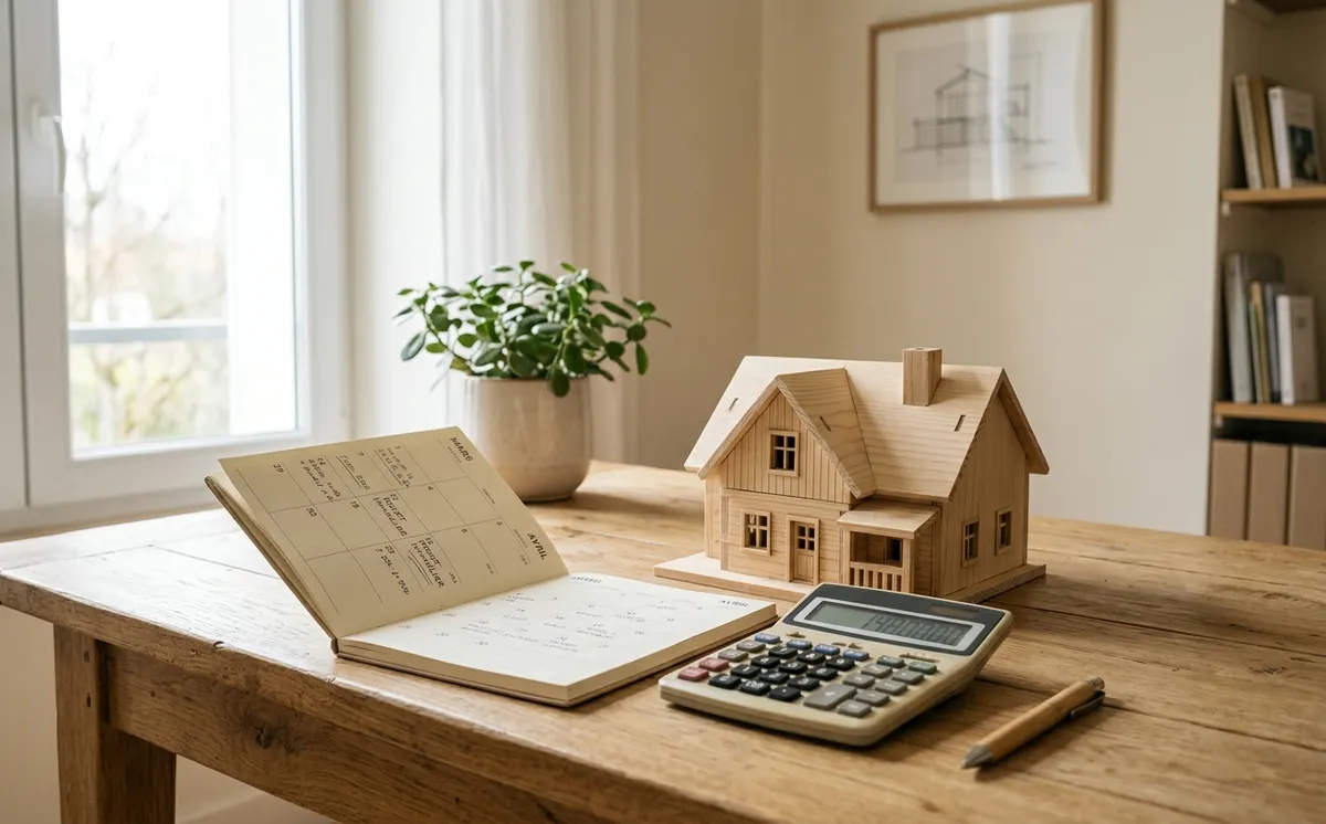 Calculatrice, échéancier papier et maquette de maison en bois sur un bureau