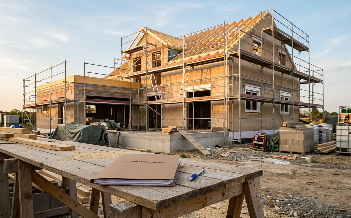 Chantier de maison en cours avec dossier d'assurance posé au premier plan